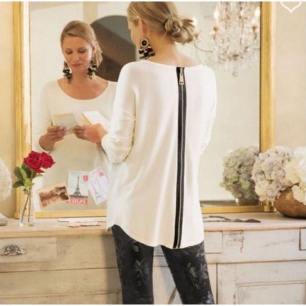 Soft Surroundings Marguiles Zip Back Tunic Sweater Top Ivory Size S